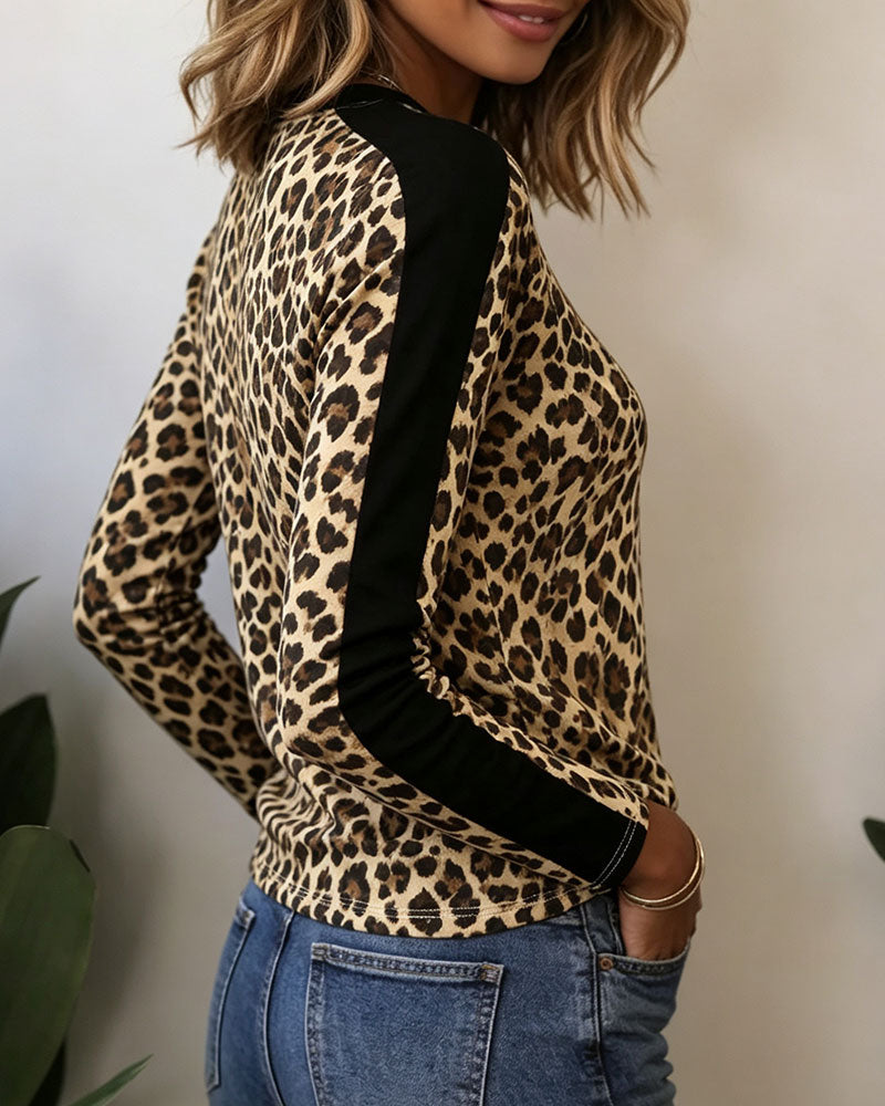 Crew Neck Leopard Color-Block Top