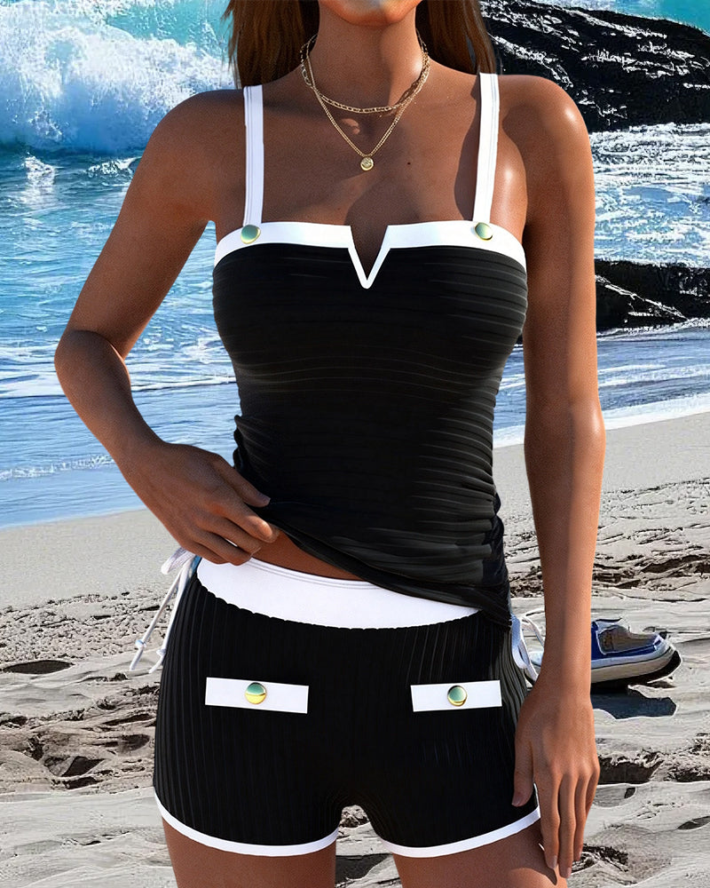 Contrast Color V-Neck Split Boxer Tankini