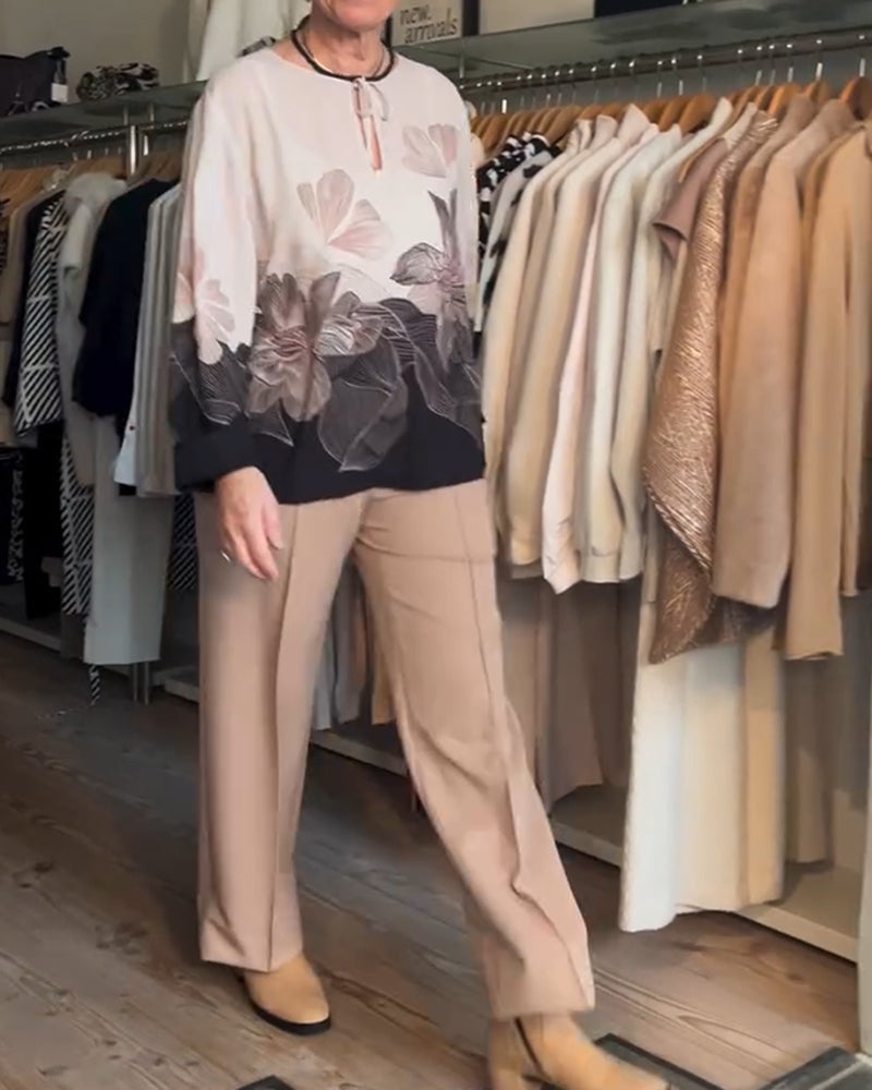 Tie-Up Long Sleeve Placement Print Blouse