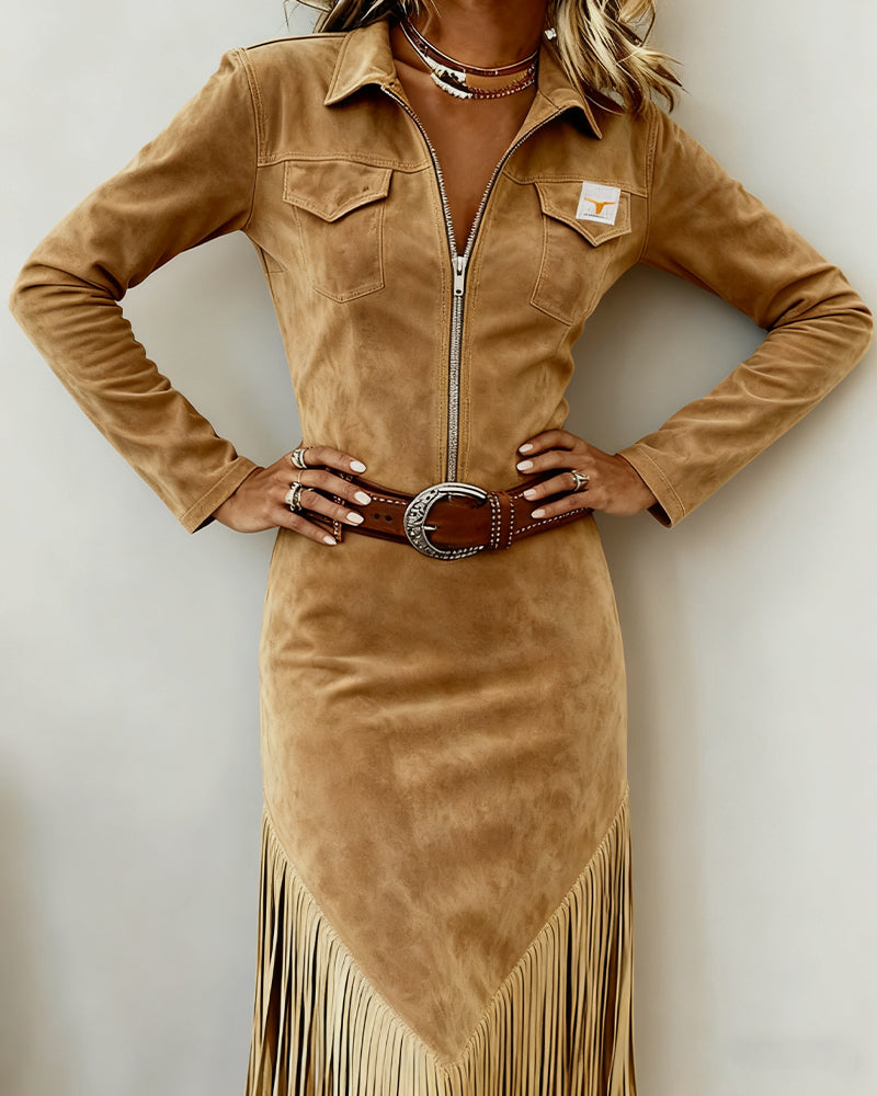 Half-Zip Tassel Solid Color Dress