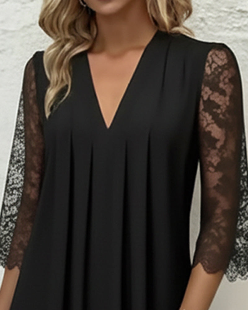 Lace V - Neck Pleated Dress
