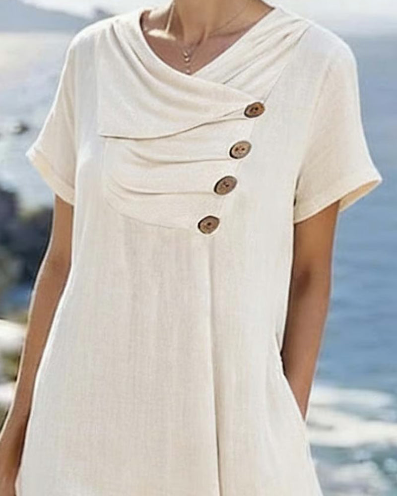 Wide-Hem Solid-Color Button-Down Dress