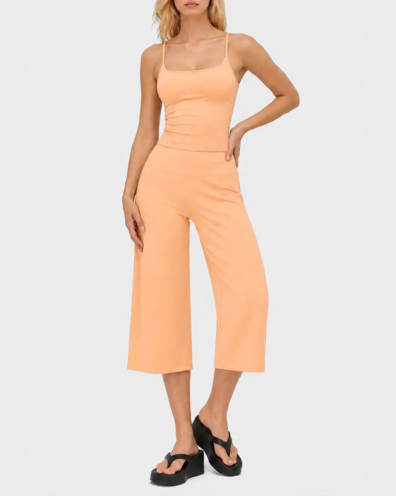 Solid Color Suspender Wide Leg Set
