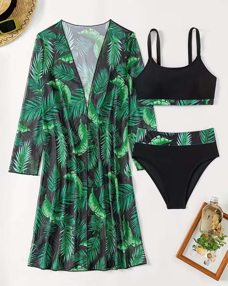 Botanical Print Bikini Three-Piece Set