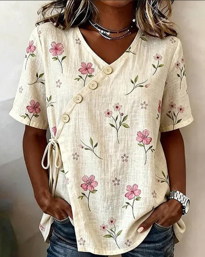 Tiny Floral Diagonal Front Tie Front Blouse