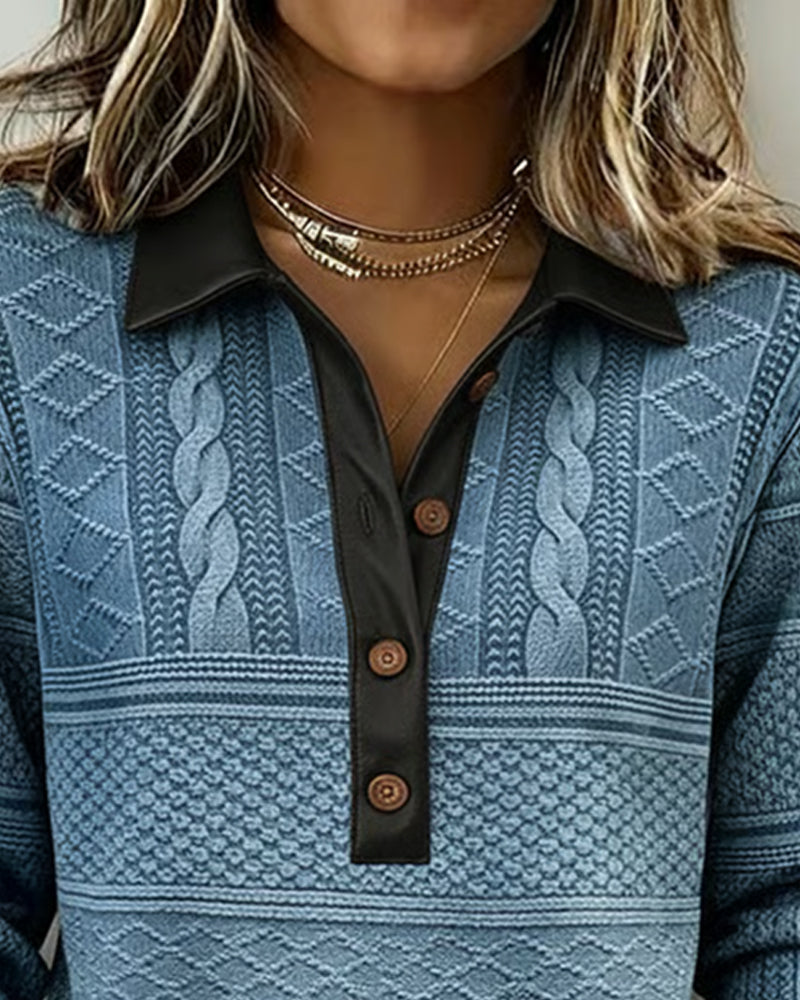 Button-Down Collar Patchwork Sweatshirt