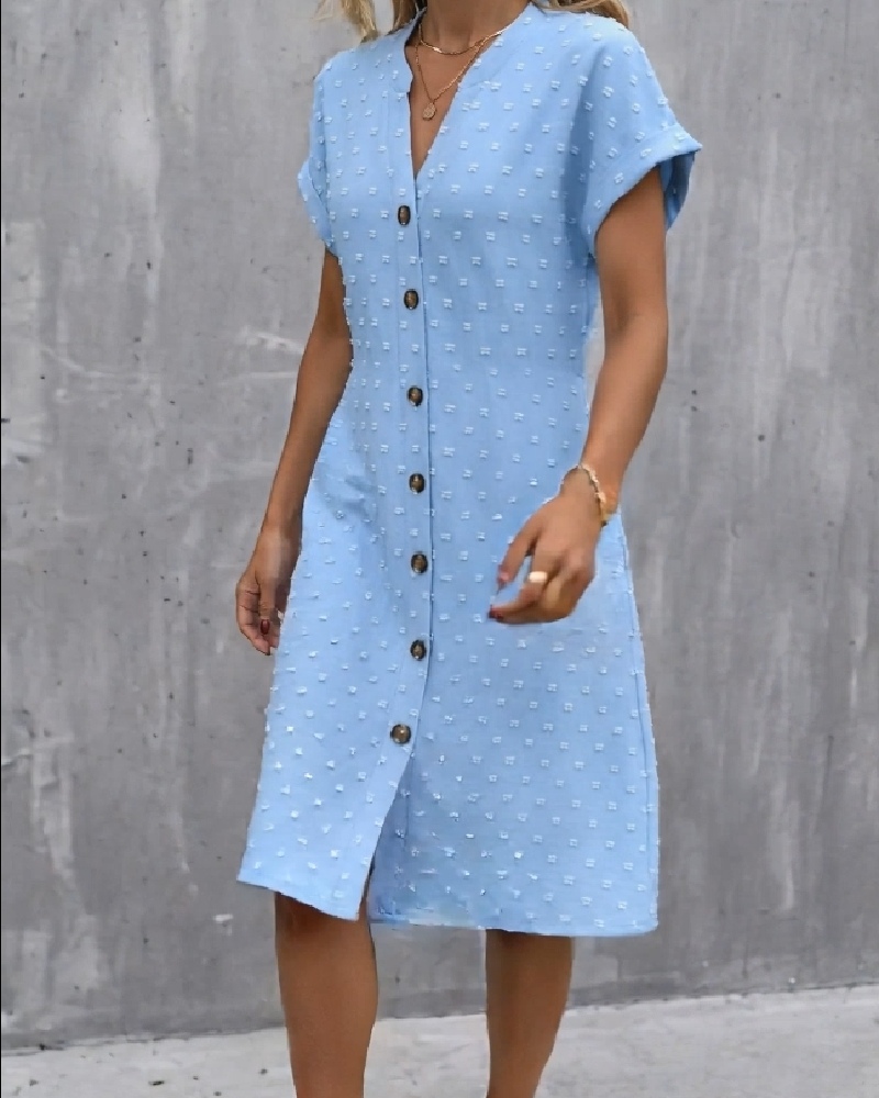 Jacquard V-Neck Button-Front Midi Shirt Dress