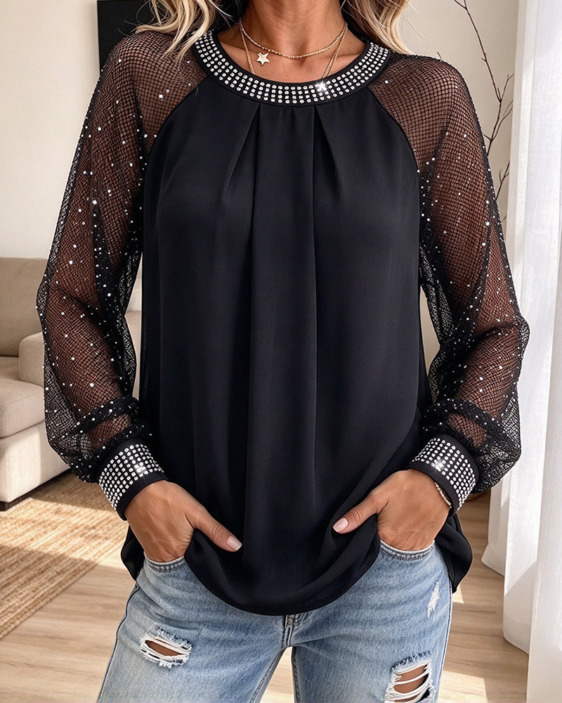 Round Neck Mesh Pleated Long-Sleeved Top