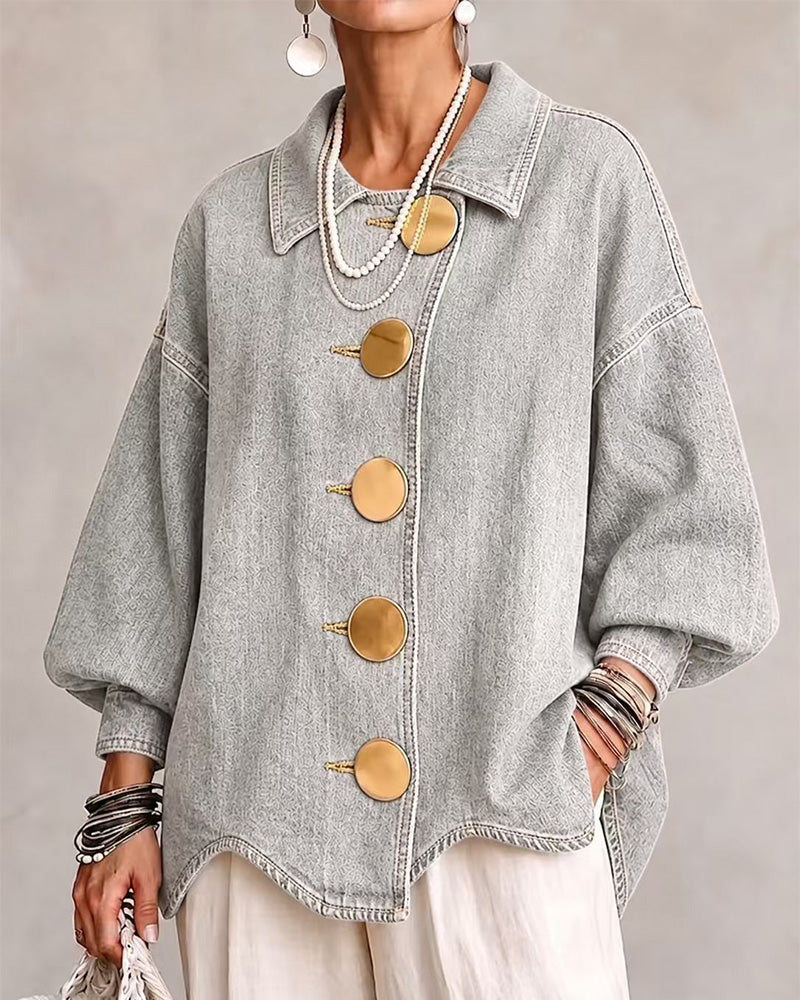 Big Metal Button Washed Denim Coat