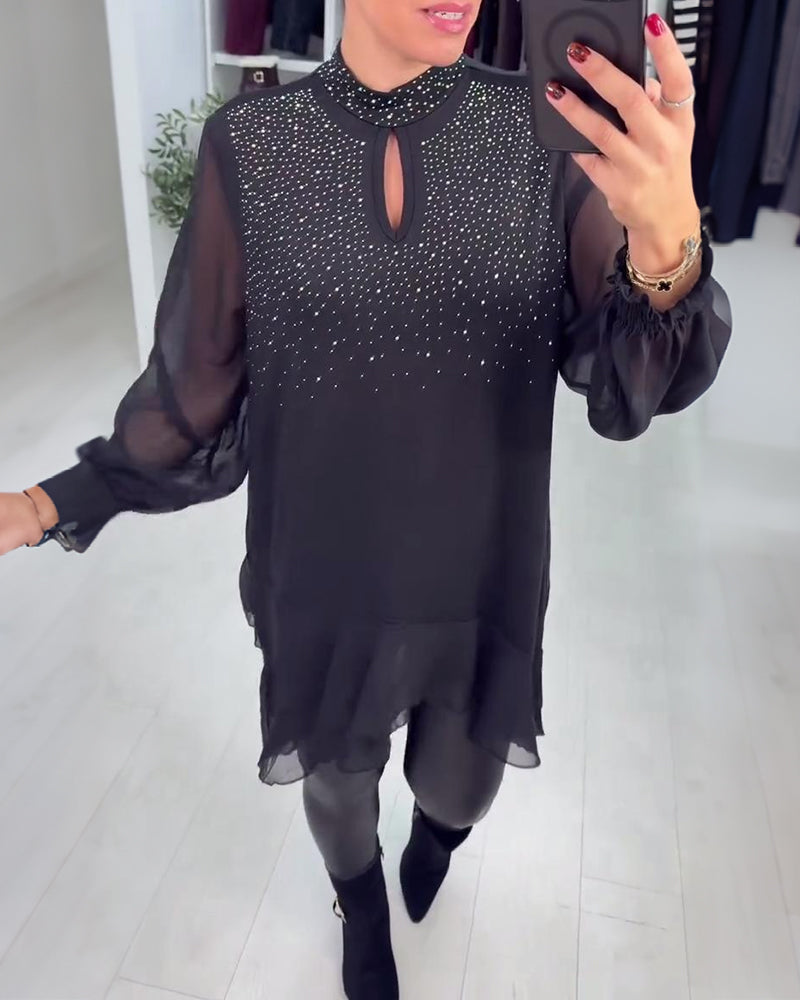Long-Sleeved Patchwork Rhinestone Blouses