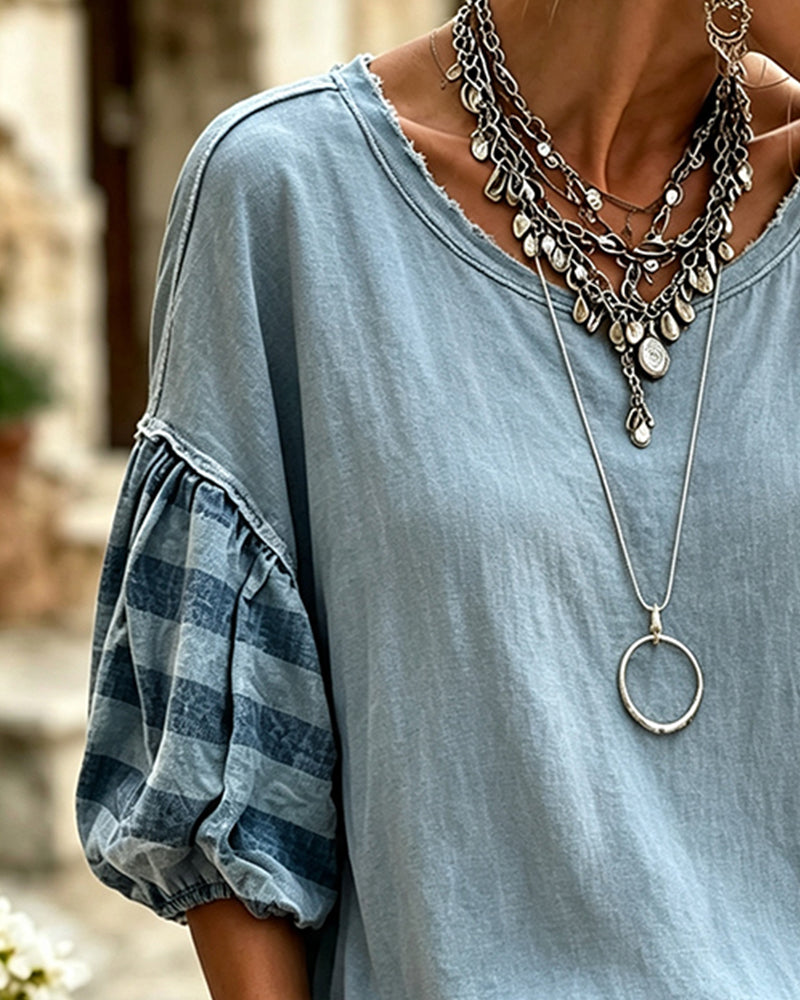 Crew Neck Striped Blouse