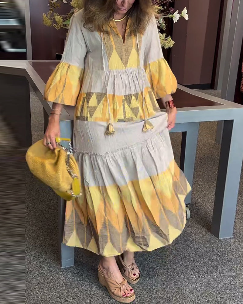 Printed bell sleeves V-neck loose dress