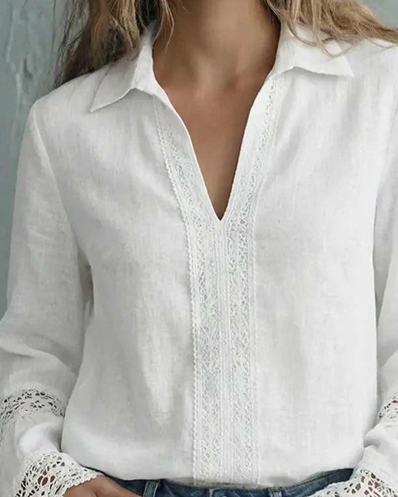 Elegant Solid Color Lace Bell Sleeve Blouse
