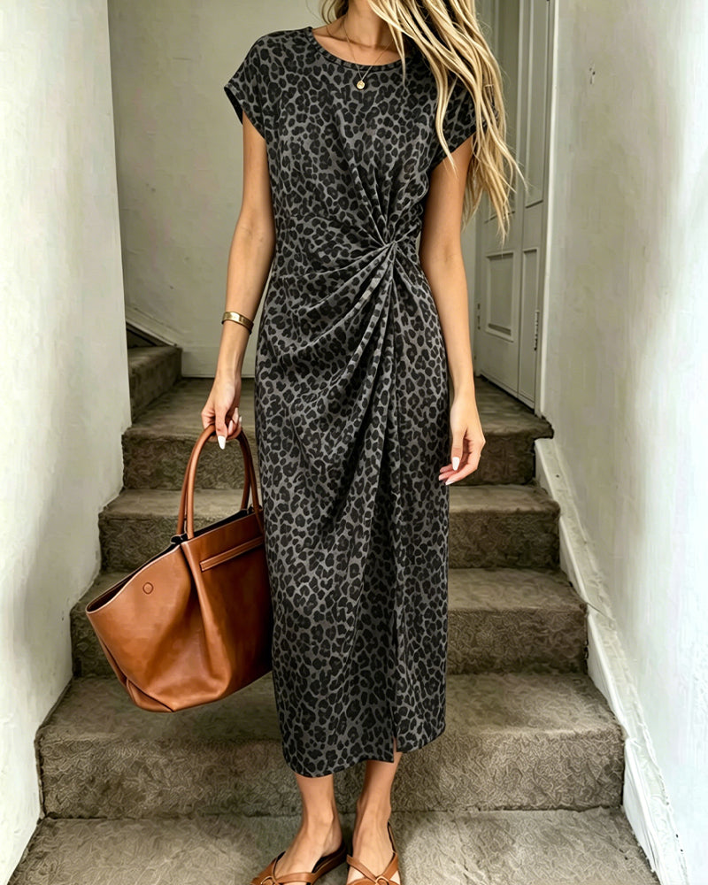 Crew Neck Twist Front Leopard Short Sleeve Long Dress