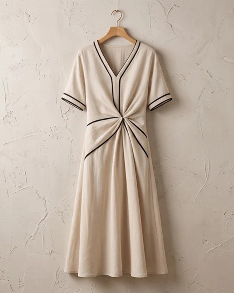 V-Neck Twist Line Full Skirt Dress