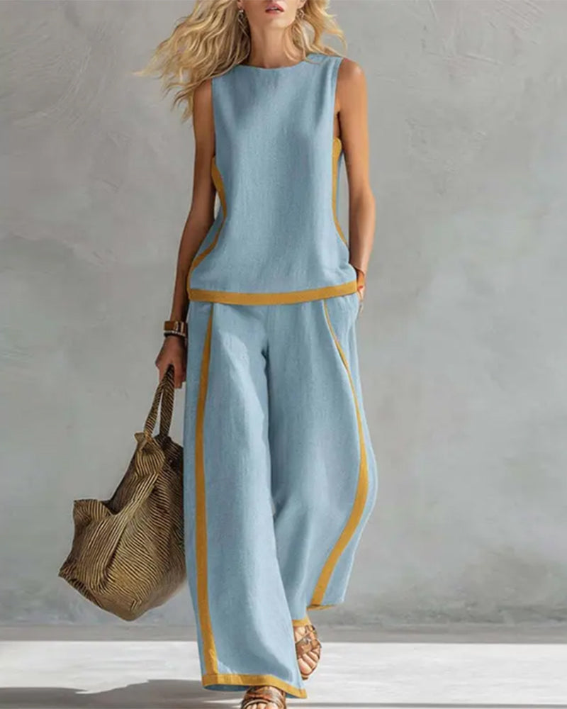 Sleeveless Casual Color-Blocked Two-Piece Set