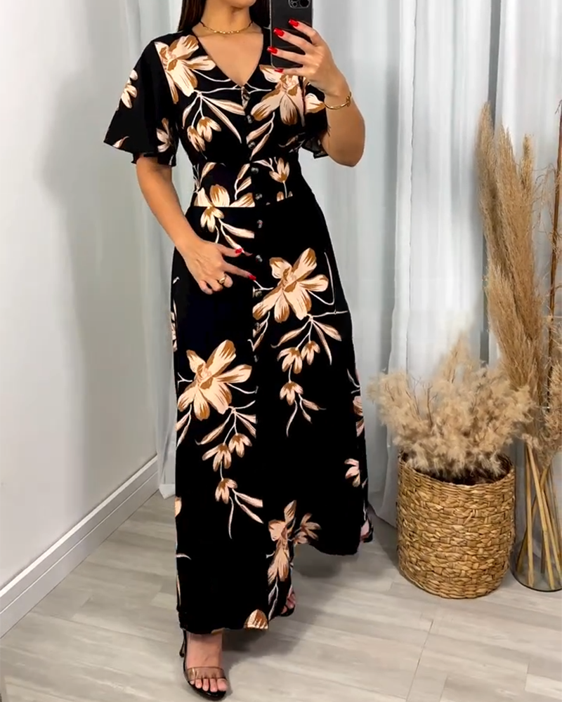 V-Neck Floral Print Waist Dress