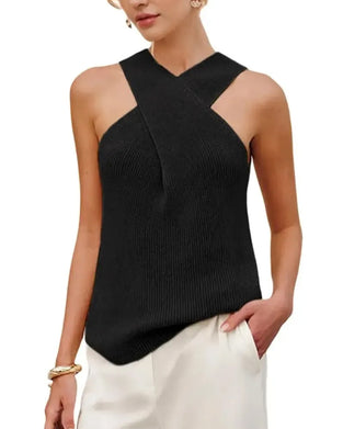 Women Halter Cross Over Collar Tank Knit Sleeveless Top