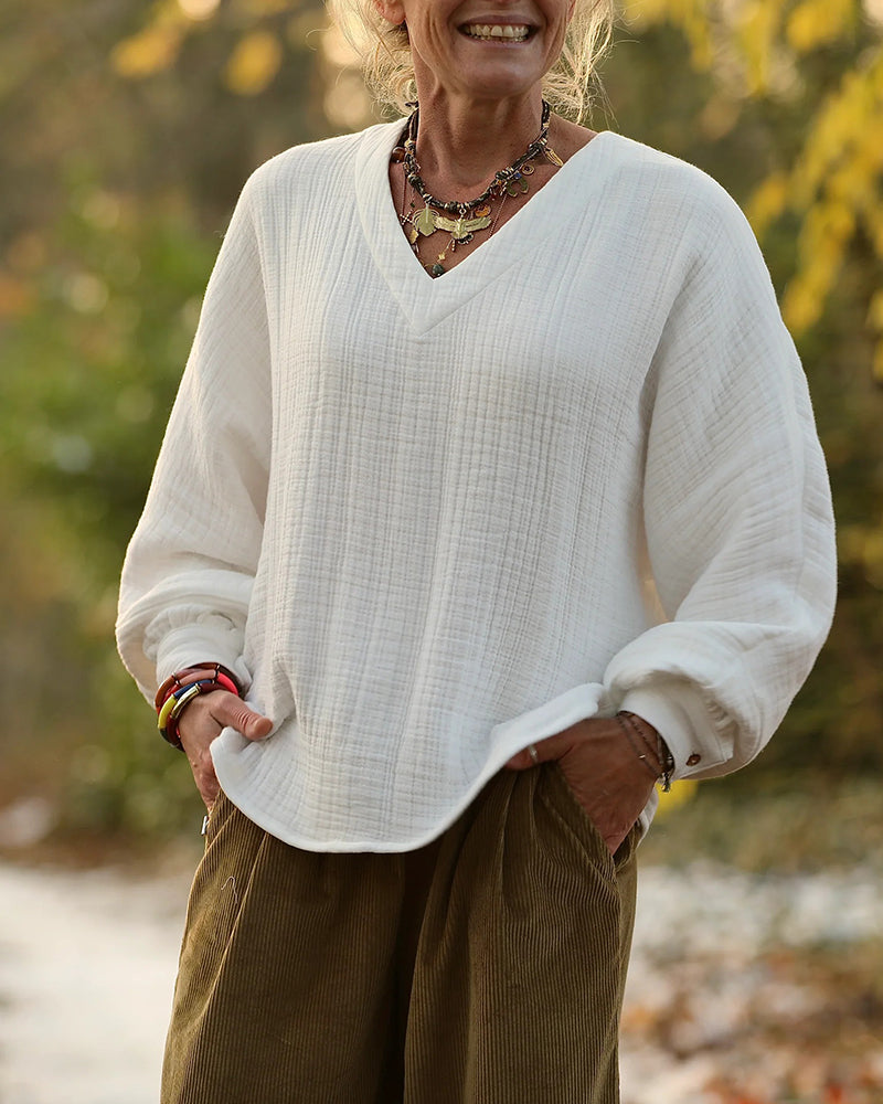 100% Cotton Fashion V-Neck Long-Sleeved Top