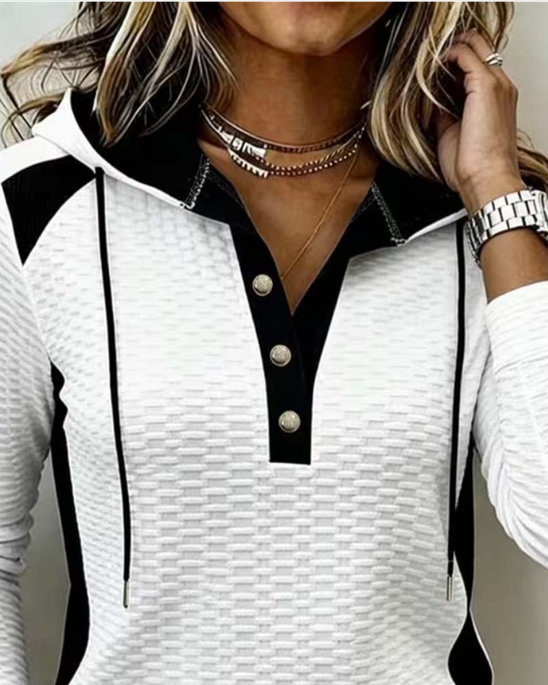 Buttoned Drawstring Color Block Hoodie