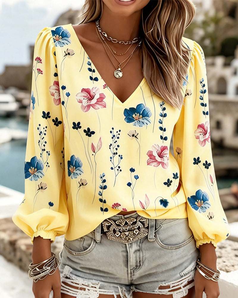 Lantern Sleeve V-Neck Floral Blouse