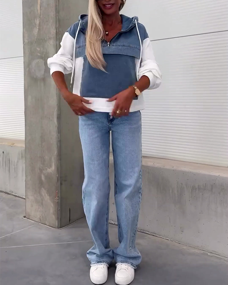 Casual denim patchwork zipper hoodie