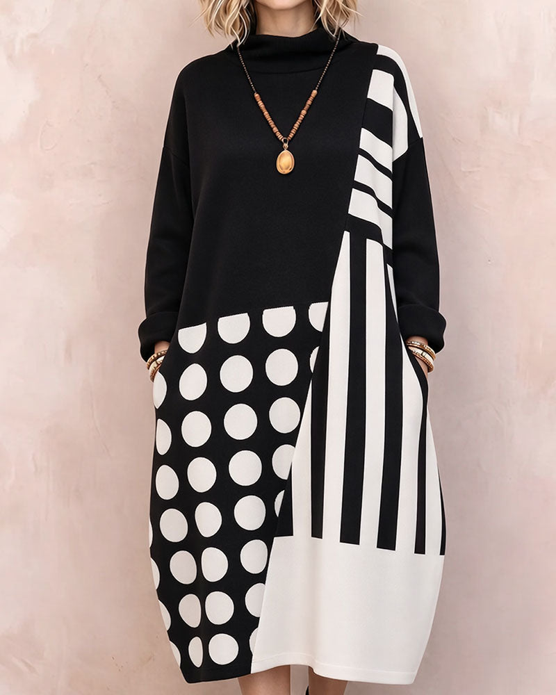 Patchwork Polka Dot Striped High Neck Long-Sleeve Dress