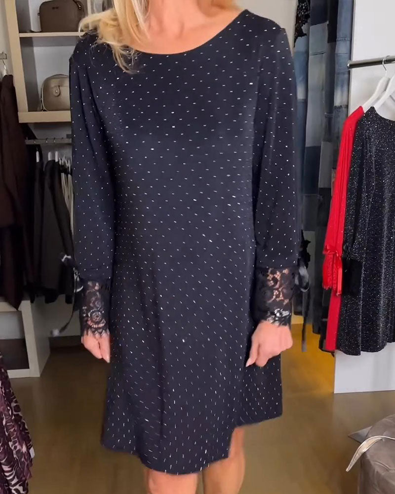 Solid Color Patchwork Shimmering Round Neck Dress