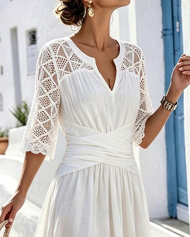 V-Neck Crossover Lace Panel Dress