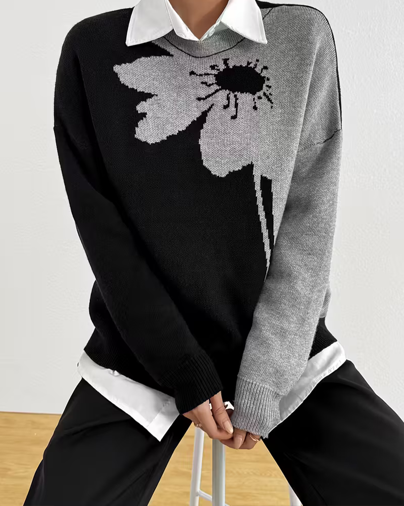 Color-Block Large Floral Jacquard Crewneck Pullover