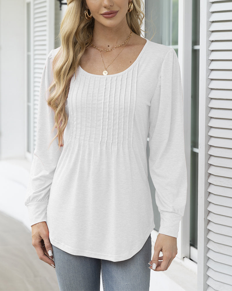 Casual solid color round neck pleated top