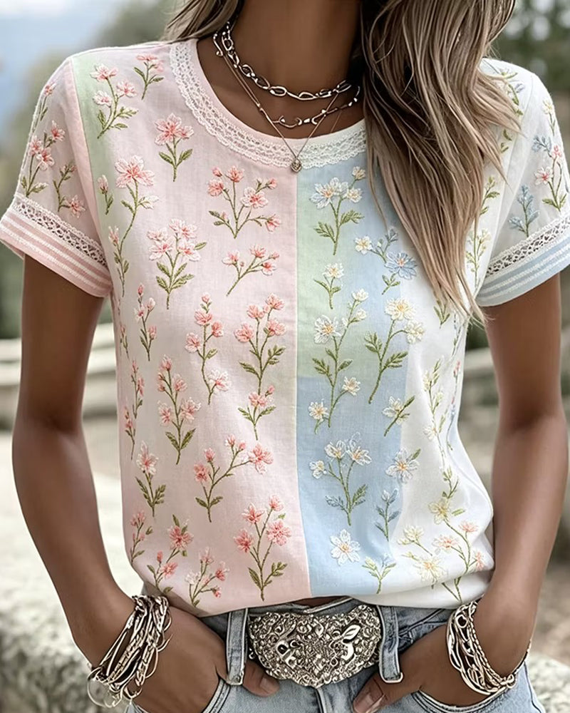 Lace Patchwork Contrast Floral Blouse