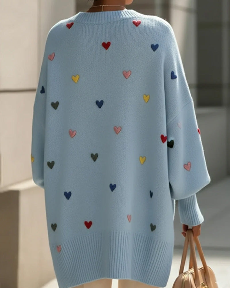 Colorful Heart Round Neck Bat Sleeve Pullover