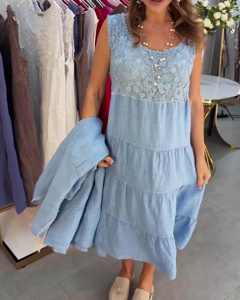 Crew Neck Sleeveless Lace Tiered Dress
