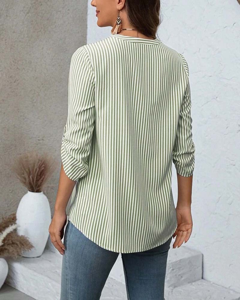 V-Neck Striped Button-Down Loose Blouse