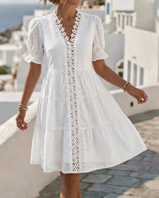 Puff Sleeve V-Neck Lace A-Line Dress