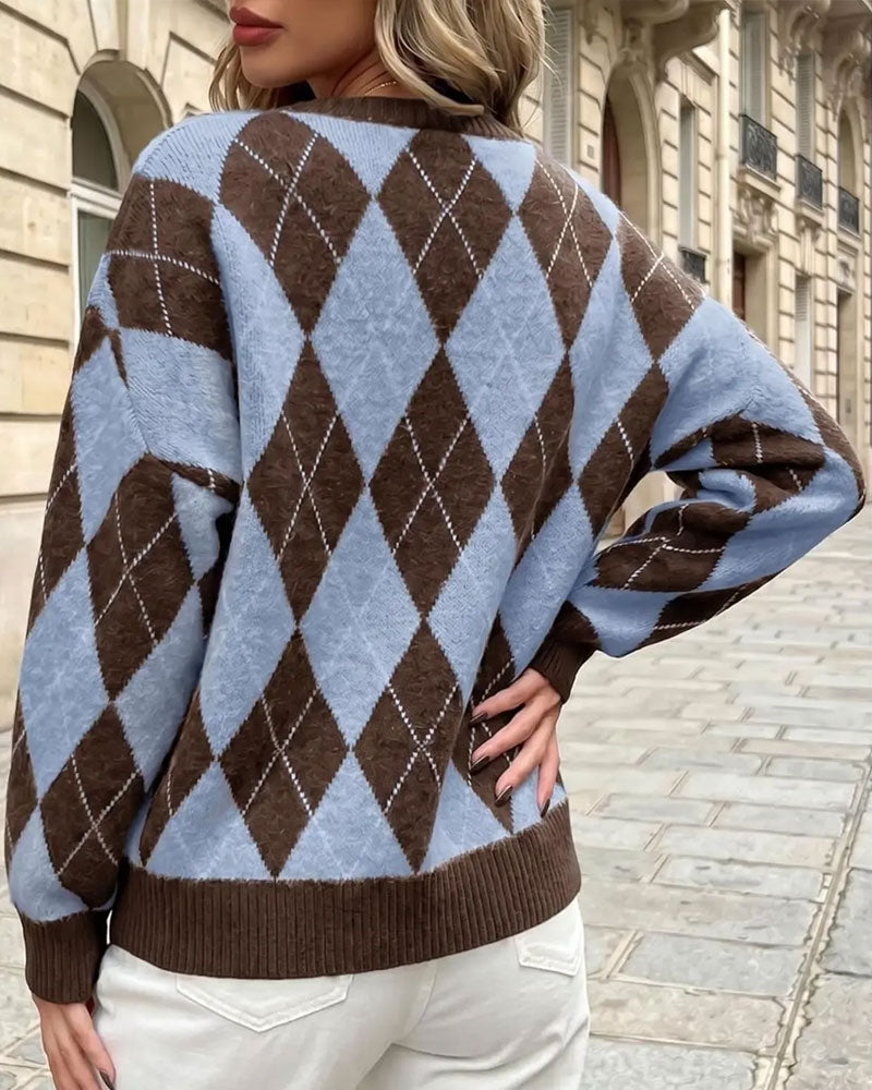 Diamond Color Block Crew Neck Pullover