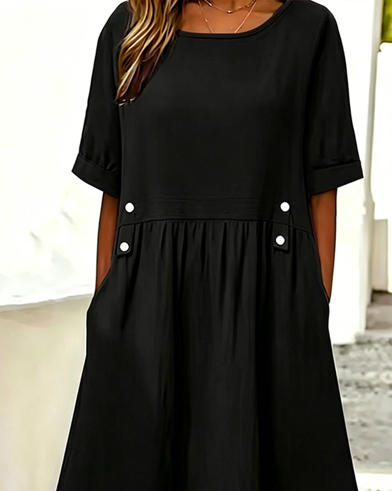 Crew Neck Short Sleeve Solid Color Dress