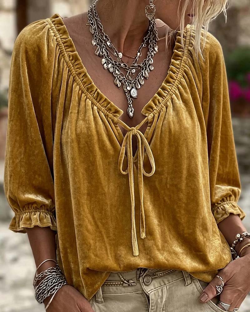 Drawstring Velvet Short Sleeve Blouse