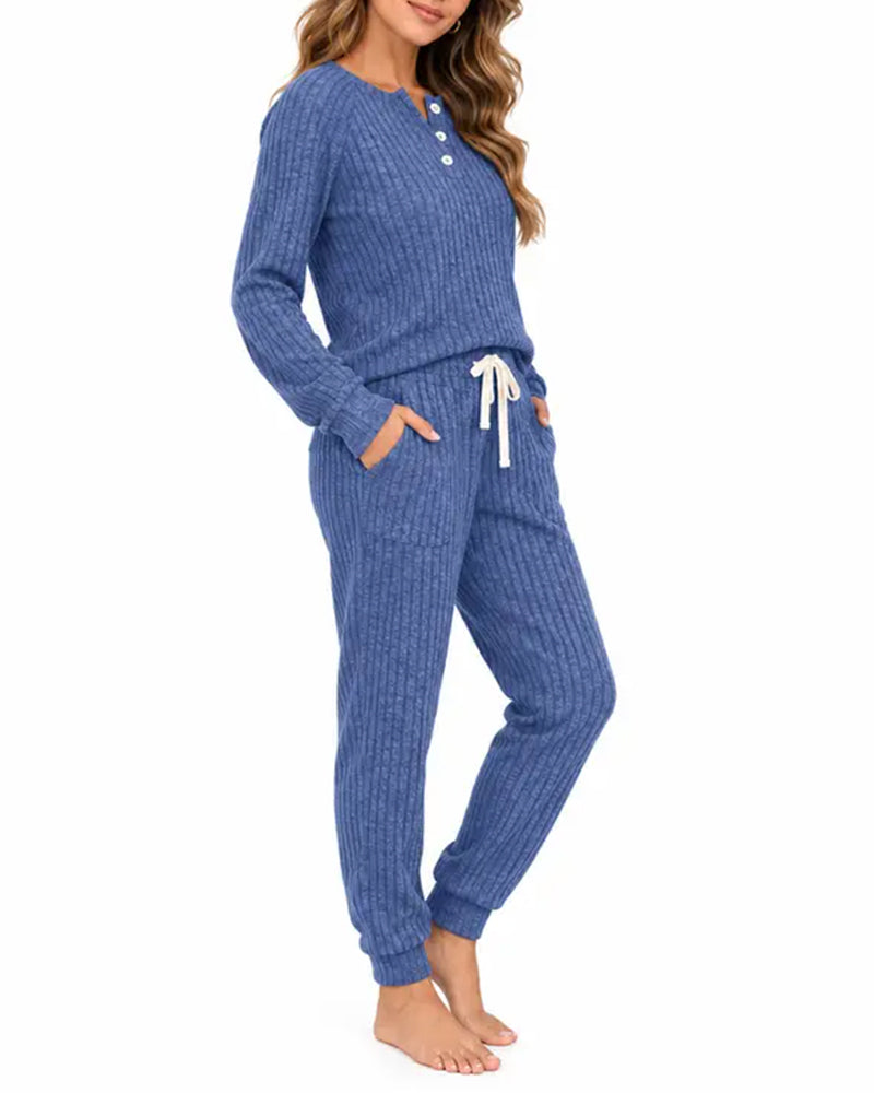 Henley Collar Pinstripe Knit Suit