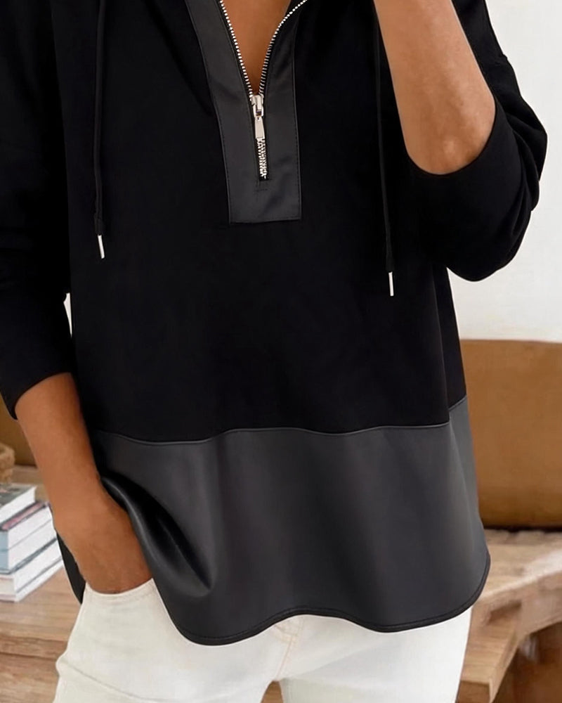 Zippered Hooded Contrast Drawstring Hoodie