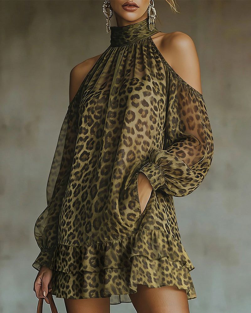 Fashion Off-Shoulder Halter Leopard Dress