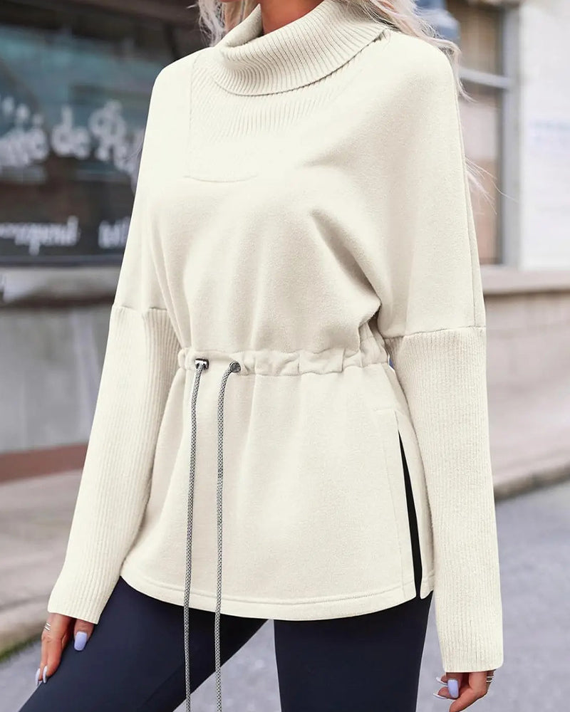 High Collar Long Sleeve Waist Drawstring Sweatshirt