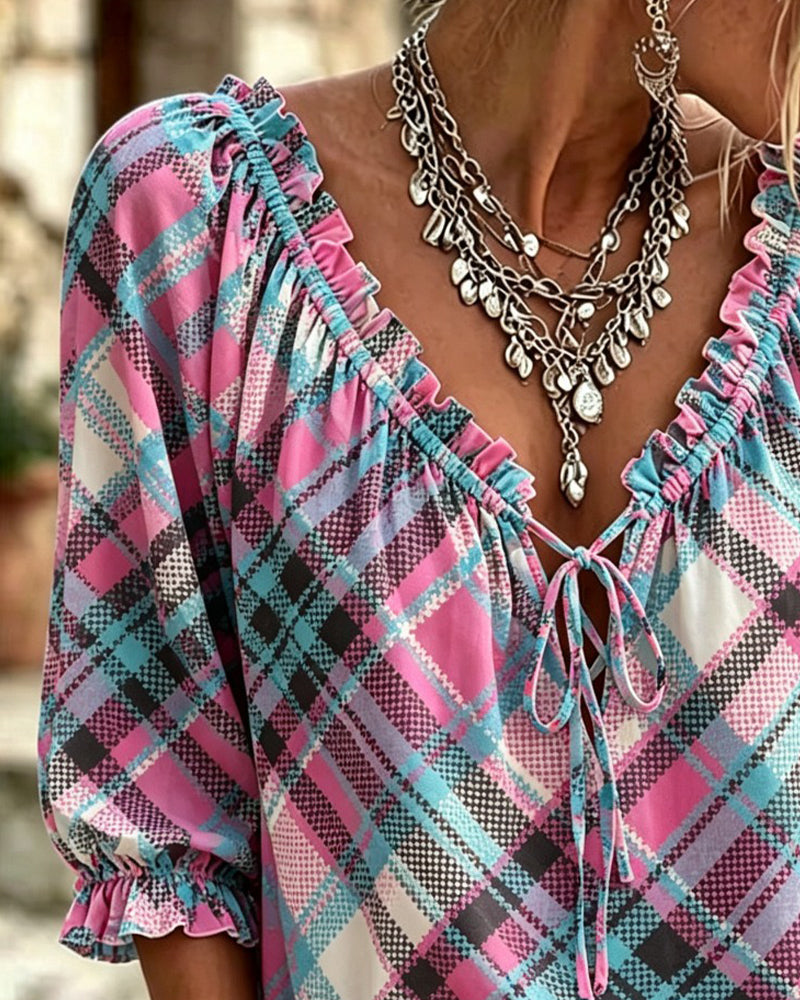 Ruffle Trim Tie Front Plaid Blouse