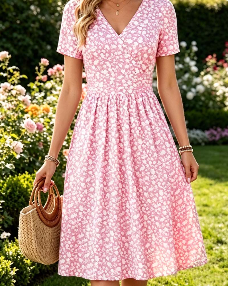 V-Neck Short SleeveTiny Floral Dress