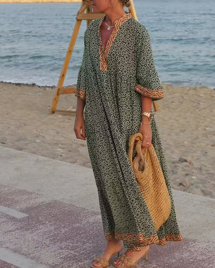 V-Neck Three-Quarter Sleeve Print Vacation Dress