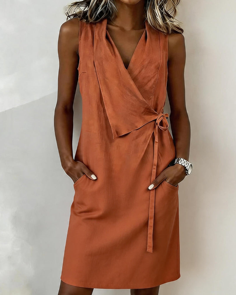 Solid-Color Sleeveless Wrap Dress