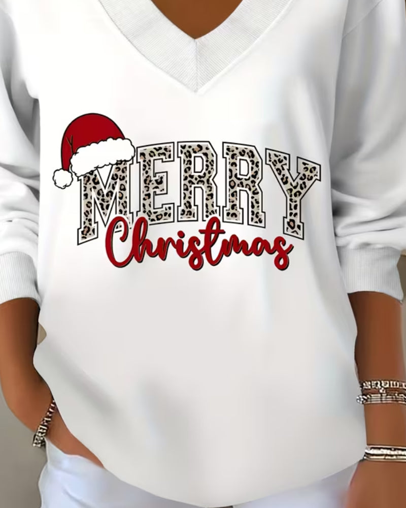 V-neck Christmas Print Sweatshirt