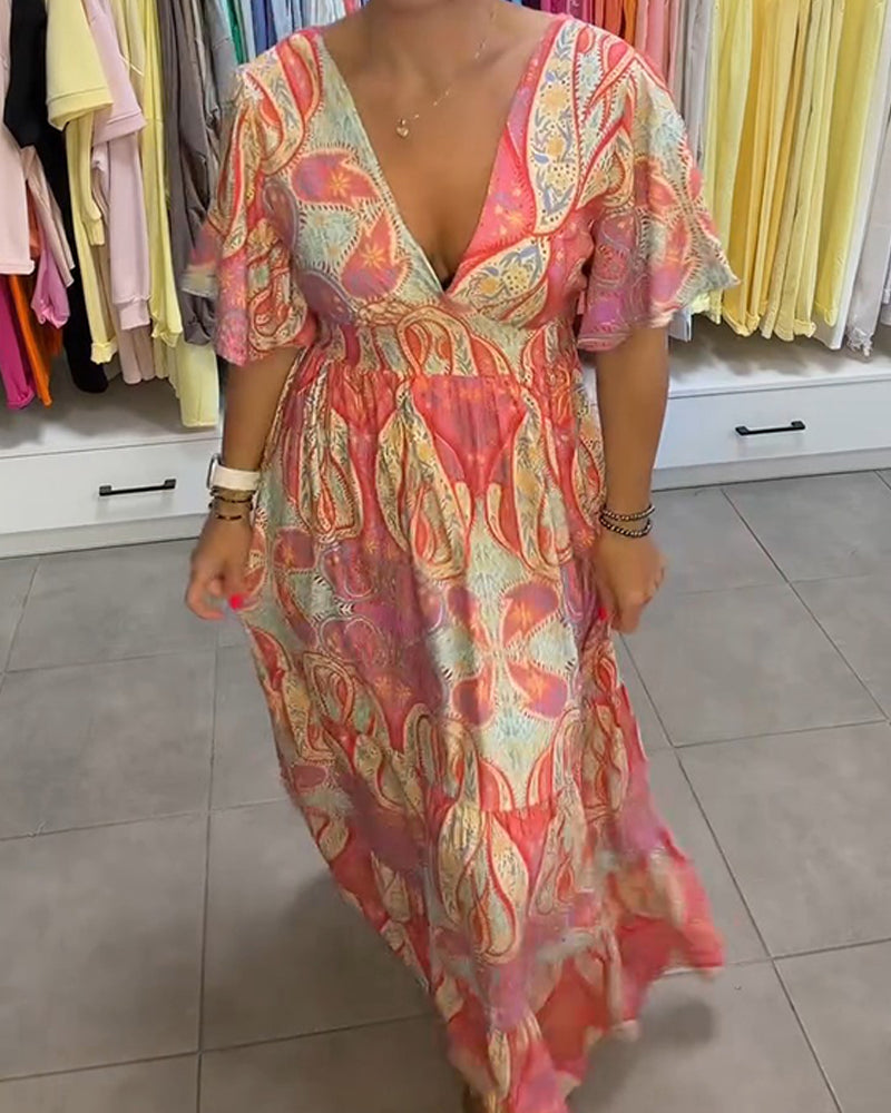 V-Neck Ruffle Print Dress