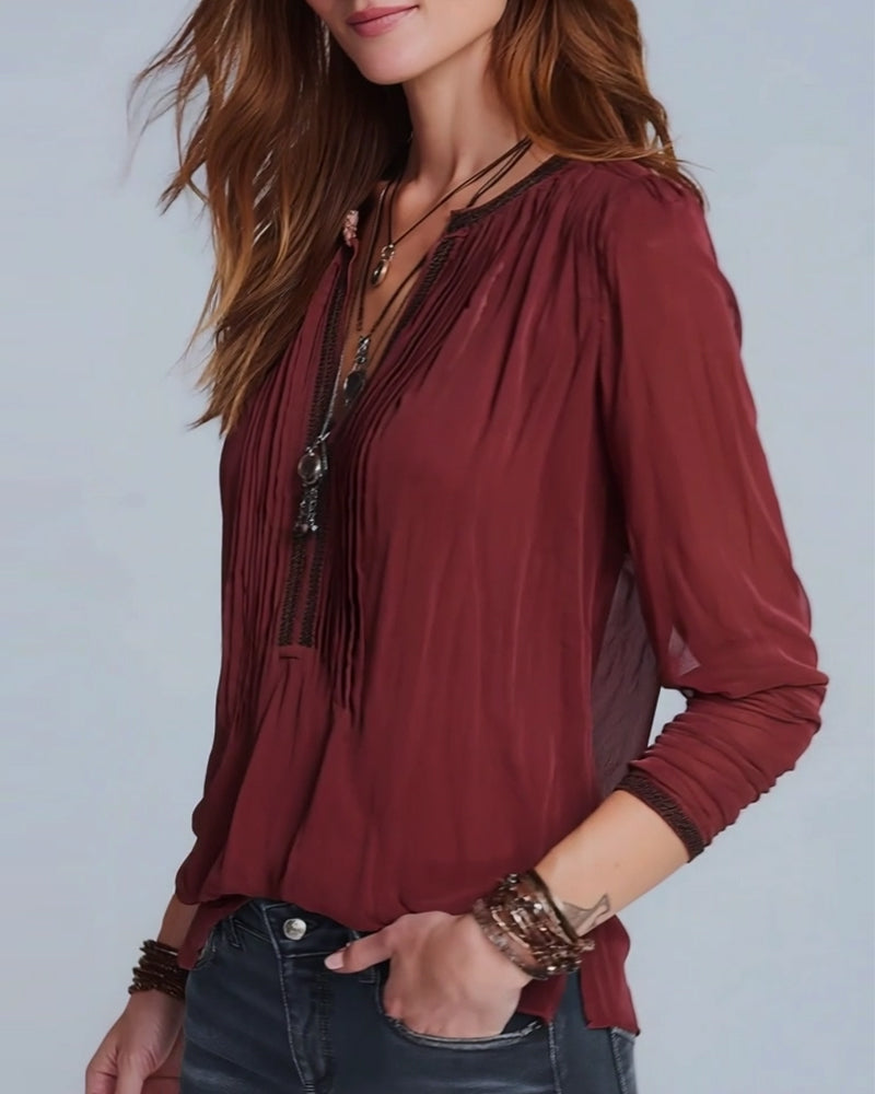 V-Neck Contrasting Long-Sleeved Blouse